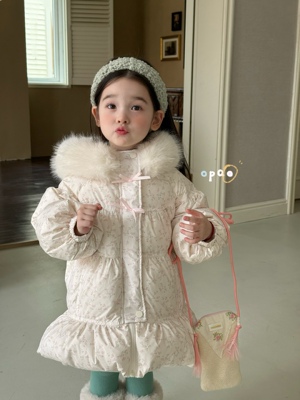 女童韩版甜美碎花精灵帽毛领外套