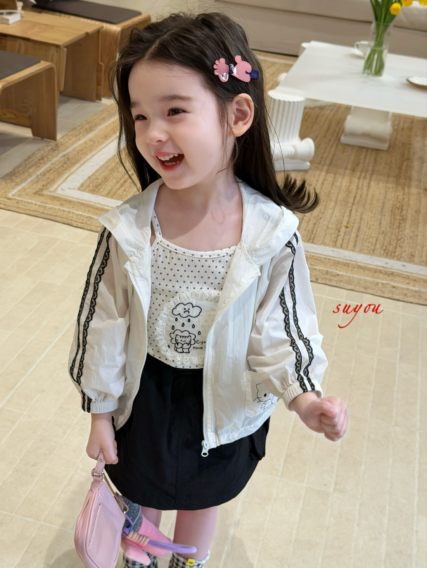 凡妈童装2026夏新款女童小童韩版波点吊带贴标休闲半裙连帽防晒衣