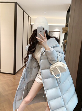 2025冬季新款针织领设计感纯色百搭显瘦90白鸭绒中长款收腰羽绒服
