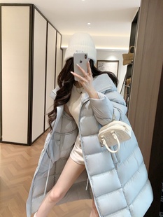 2025冬季新款针织领设计感纯色百搭显瘦90白鸭绒中长款连帽羽绒服