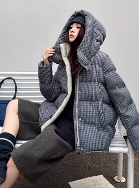 2025新款韩系格纹90白鸭绒羽绒服女冬季宽松保暖连帽短款冬装外套