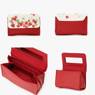 日本Afternoontea日系可爱水彩草莓附镜翻盖唇膏收纳包唇膏盒便携