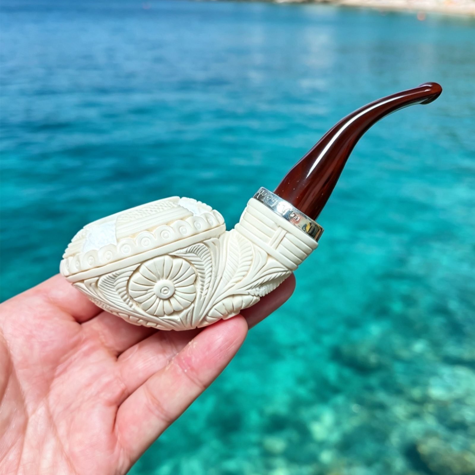 土耳其海泡石大号烟斗Ahmet G&ouml;vem925银圈奥斯曼雕花大气室包邮