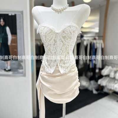 纯欲辣妹性感抹胸短裙套装女早秋新款杏色蕾丝鱼骨上衣裙子两件套