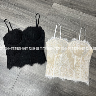 秋冬内搭睫毛蕾丝钩花拼接绑带打底上衣时尚 背心吊带 气质收腰短款