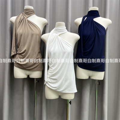 韩系轻熟风性感气质挂脖无袖背心女露锁骨女人味显身材飘带上衣潮