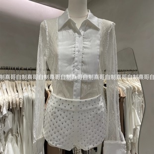 套装 重工低腰满钻裤 上衣女衬衫 设计感假日防晒显瘦拼接蕾丝修身