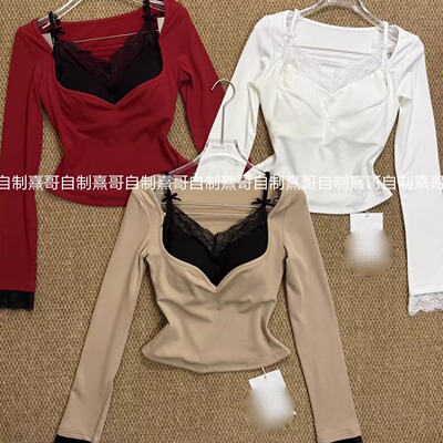 性感辣妹假两件蕾丝长袖T恤女生冬季设计感纯欲修身内搭打底上衣