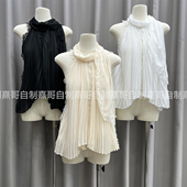 背心修身 高级感气质上衣女无袖 显瘦内搭打底 气质压褶蕾丝衬衫 法式