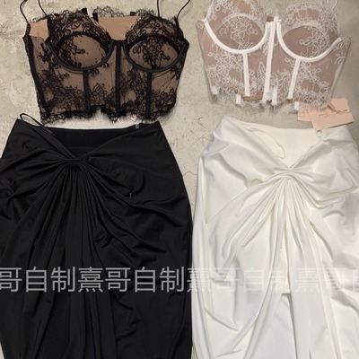 小众轻奢拼蕾丝透视斜摆背心