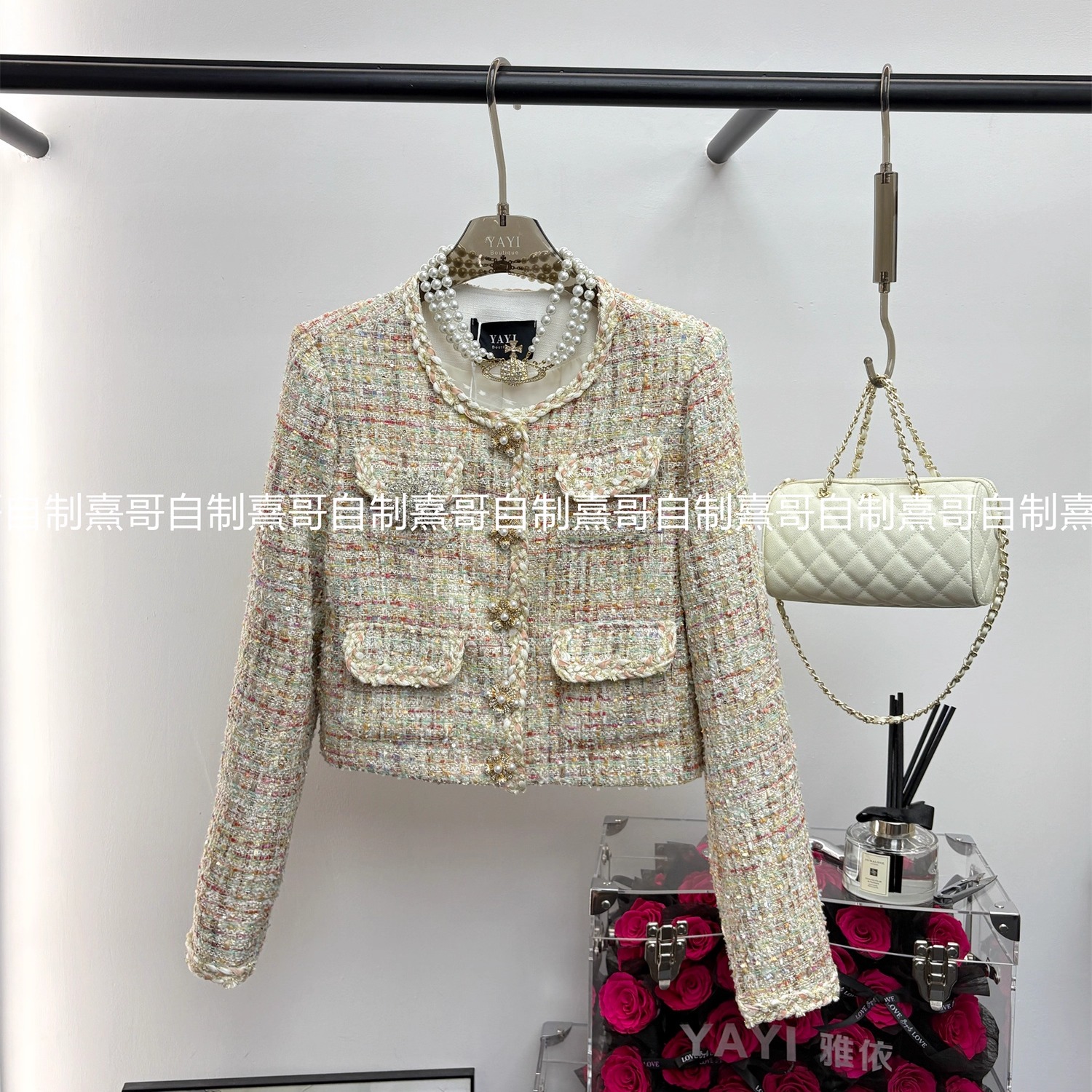 秋冬新款重工轻奢百搭小香风混色粗花呢圆领短外套女气质名媛上衣