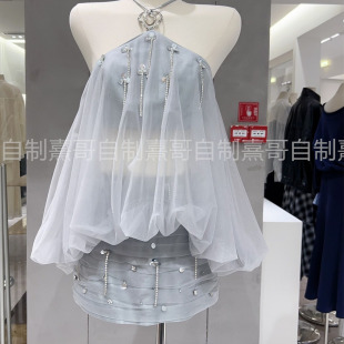 粉丝专享 挂脖吊带钉珠钻链网纱抹胸上衣+灯笼短裤裙超仙气套装