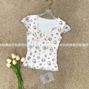 甜美减龄可爱风卡通印花V领短袖 蕾丝边蝴蝶结百搭上衣 T恤少女夏季