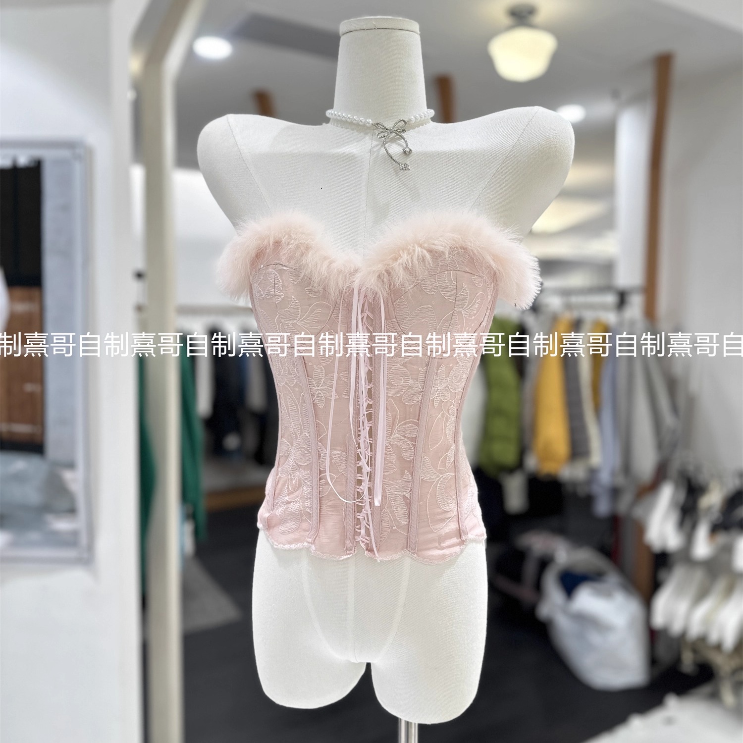 法式名媛风毛毛鱼骨绑带抹胸女秋冬内搭高级感一字肩上衣吊带背心