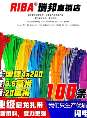 国标彩色扎带4x200强力固定收纳整理绳索捆束线带 红色尼龙绑带