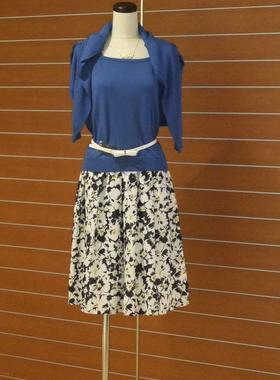 日单LY家宝蓝色小方领口镂空编织春夏季针织短袖