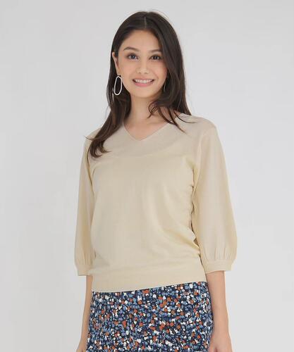 日单l'armoire de luxe奶杏V领针织衫 冰麻七分灯笼袖温柔上衣
