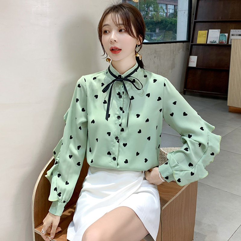 2020春季新款雪纺衬衫女设计感小众长袖印花雪纺衫荷叶边上衣小衫在类目 女装/女士精品, 衬衫中 - 来自Buy2taobao.com提供专业的淘宝代购服务