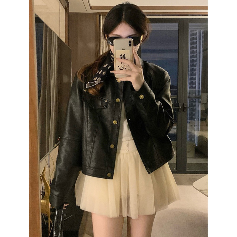 铆钉春秋季超帅黑色翻领皮衣小个子外套上衣女短款皮夹克机车PU潮