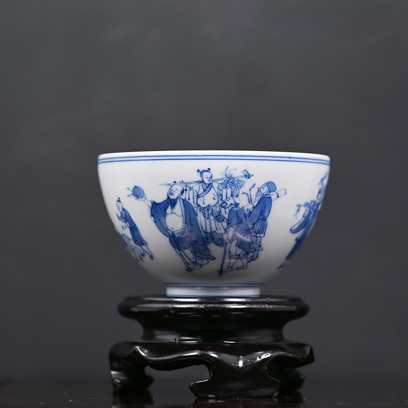 汲老推荐景德镇徐冬贵青花手绘群仙祝寿图120CC主人杯茶杯鸡心杯