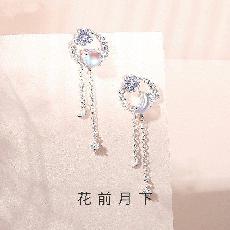 花前月下耳钉女纯银复古森系花朵锆石耳环小众设计月光石流苏耳坠