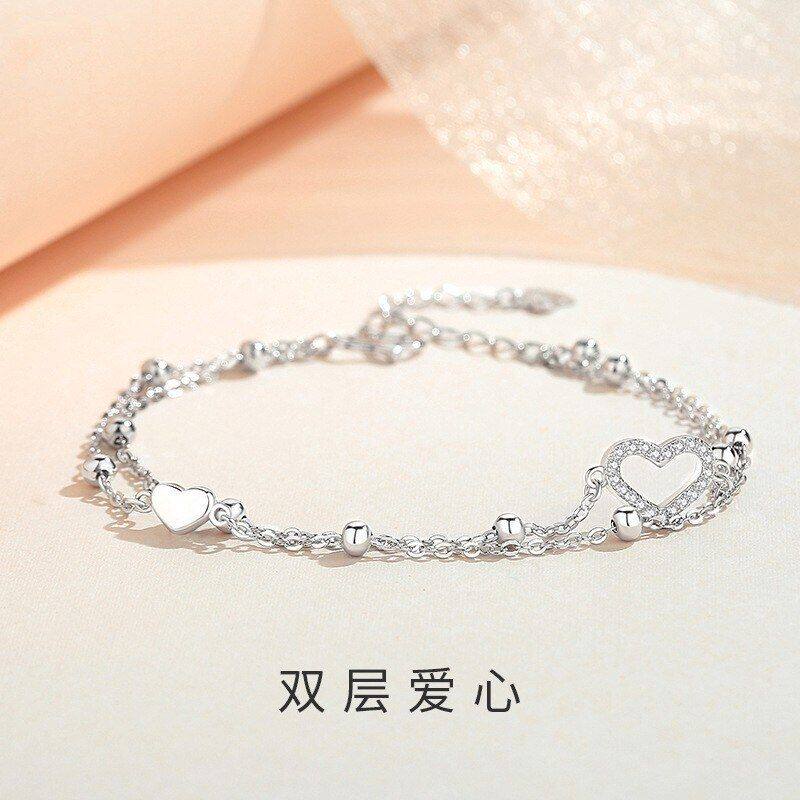 双层爱心S925纯银手链女时尚通勤百搭心形手环气质简约手饰品批发