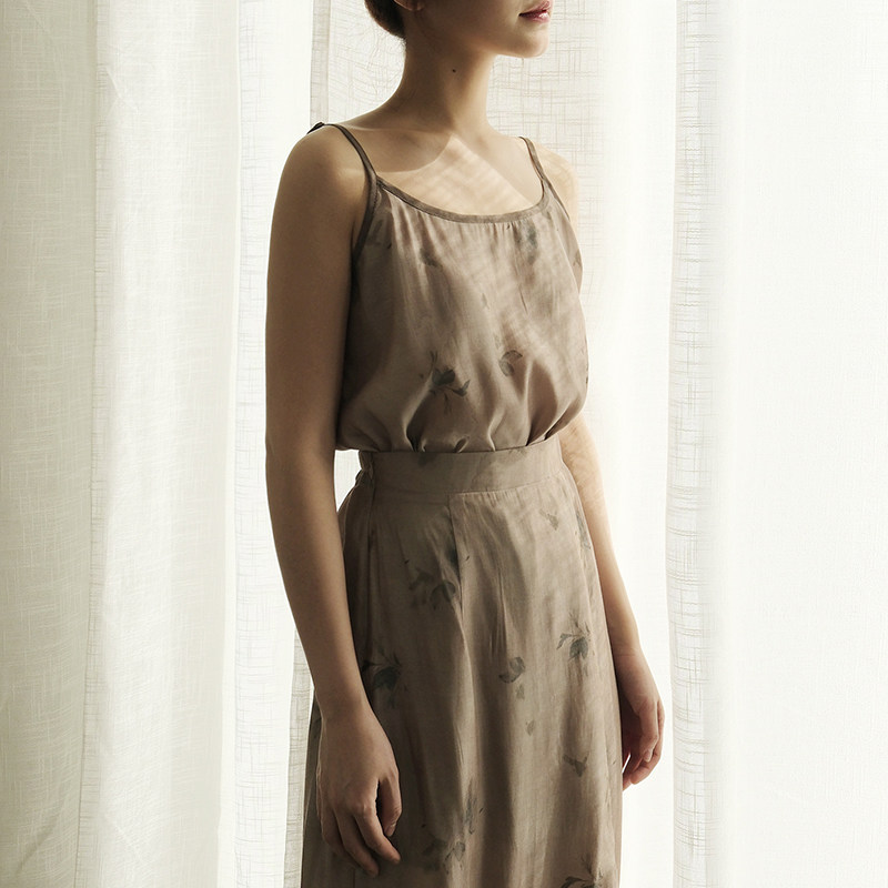 一言棉麻夏季新品复古风原创侘寂可调节吊带背心做旧印花丝绵吊带