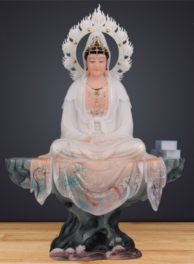 静思观音菩萨佛像家用供奉观世音神像背光坐山石观自在汉白玉摆件
