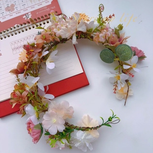 新款ins森系花朵装饰花环绢花影楼婚纱照写真拍照花环头饰咖啡色
