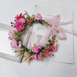 森系花环头饰新娘结婚拍照写真摄影道具仿真花朵红色发箍成人儿童