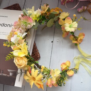 原创设计森系仿真新品花朵花冠新娘花环发箍cos头发饰黄色加大花