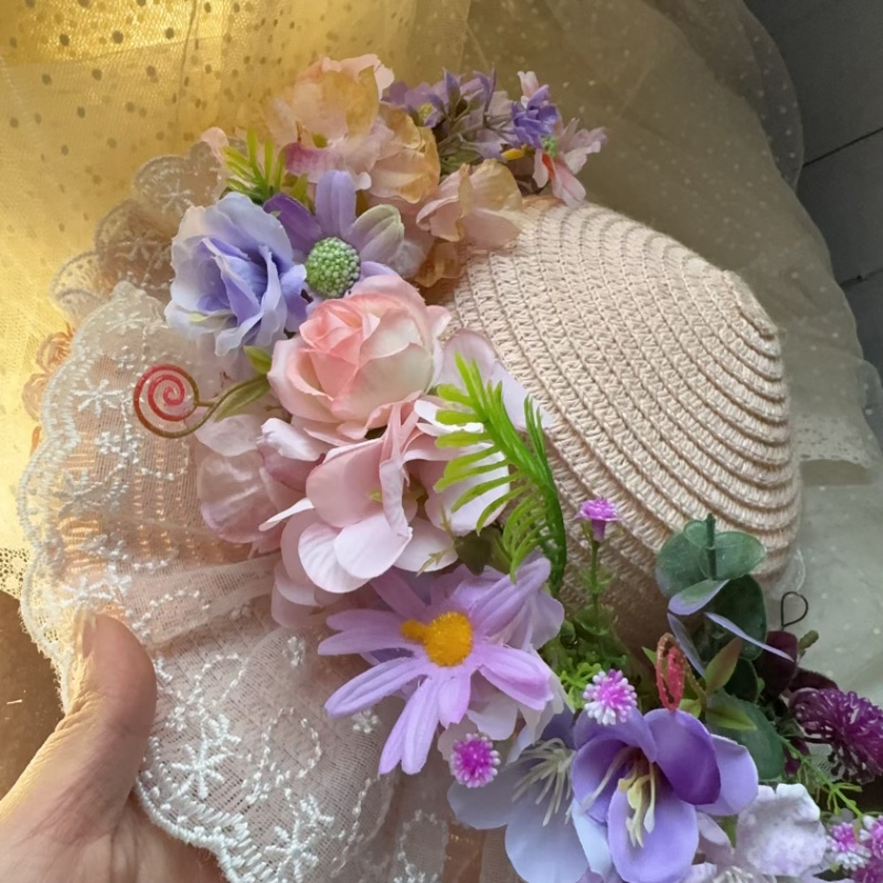 原创设计森女超仙仿真花环头饰紫色粉色花朵编织花圈发饰演出道具