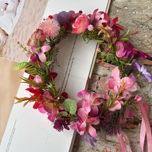 ins森系甜美菊花粉紫红色绢花玫瑰花环头饰毕业典礼演出拍照头花