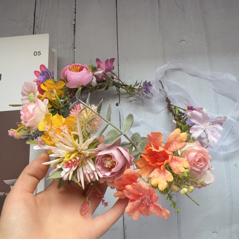 DIY头饰花环新款森系玫瑰小雏菊仿真花环新娘伴娘发饰粉黄橙花色