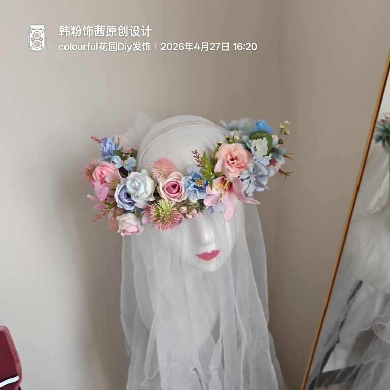 原创森系手工花环粉蓝色花朵仙女头饰度假拍照道具新娘拍照发饰