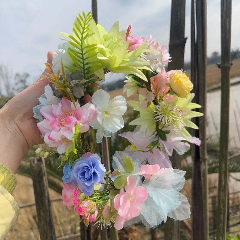 森系浅绿粉彩色仿真花发箍女圆形花朵布艺手工DIY拍照写真头饰