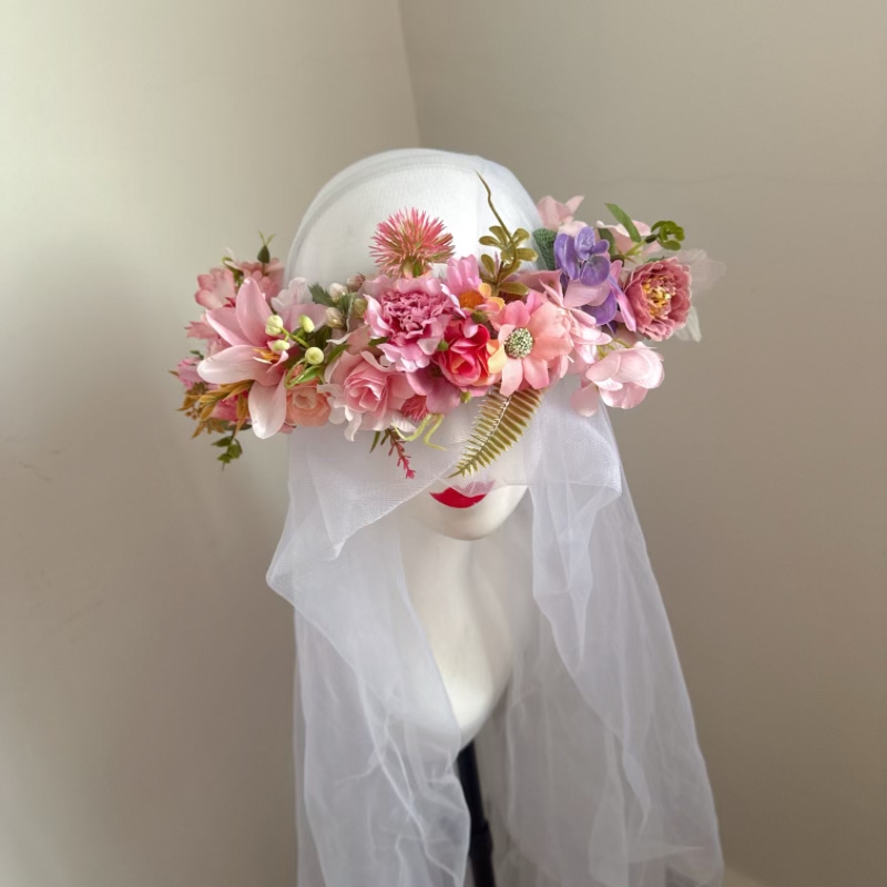ins森系花环拍照写真摄影道具粉色玫瑰大花朵汉服簪花头饰花环