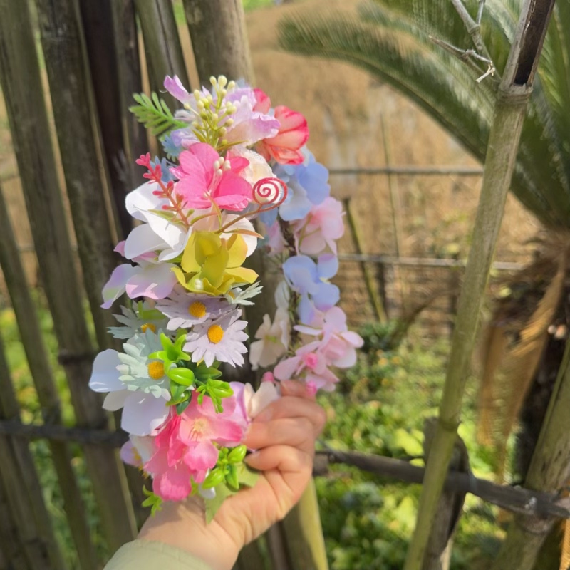 森系粉蓝绿花朵花环头饰拍照