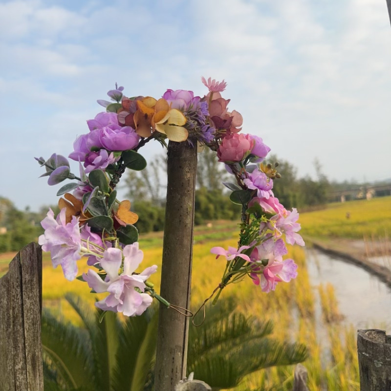 彩色花环紫色头饰夏凉帽手工装饰假花帽子配饰运动会舞台回门头饰