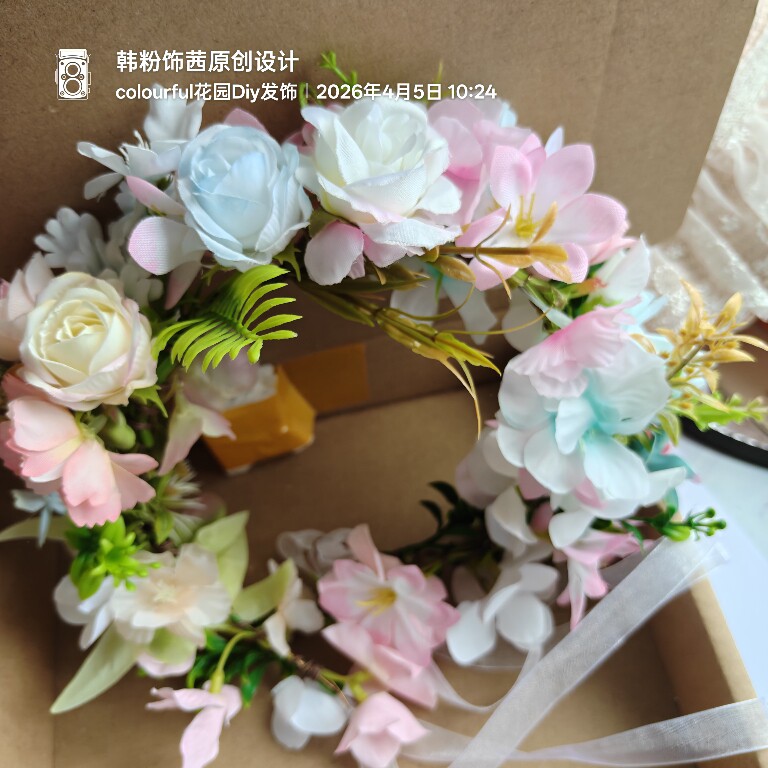 森系仿真花环头饰女仙女风粉蓝彩色玫瑰花朵发箍拍照道具DIY布艺