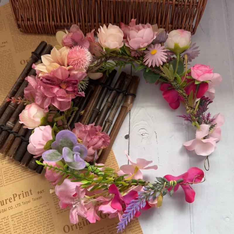 DIY 深粉暗红韩粉色高档仿真玫瑰绢花绣球大花朵花环头饰