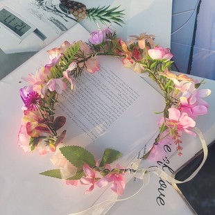 DIY新款ins森系花朵新娘花环头饰海边粉紫邹菊花朵发箍摄影写真