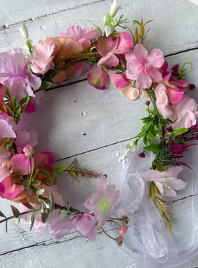 原创手作粉紫色绢花花朵花环头饰