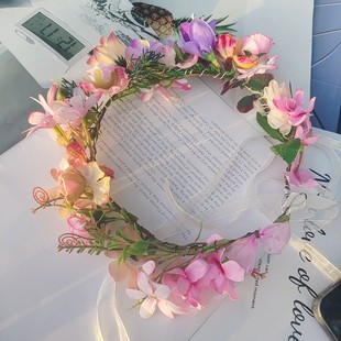 DIY新款ins森系花朵新娘花环头饰海边粉紫邹菊花朵发箍摄影写真