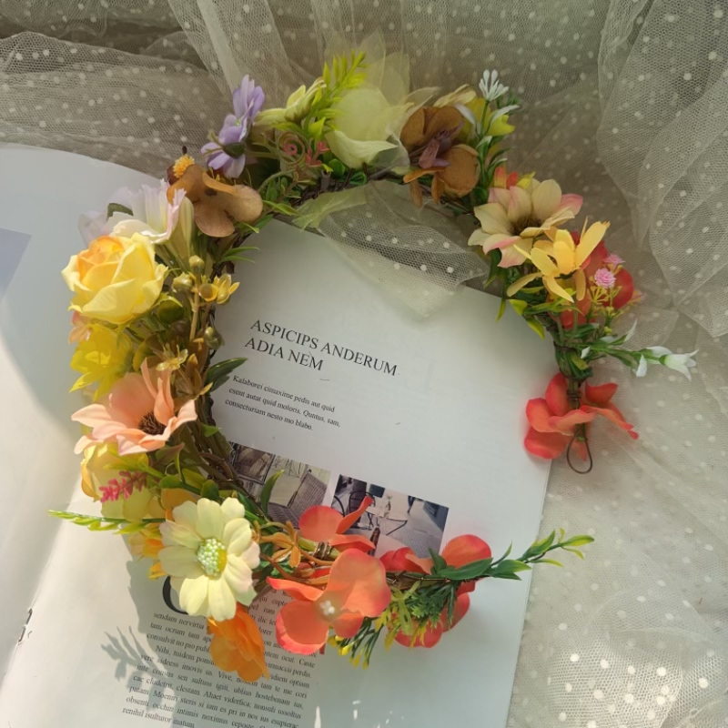 森系仿真黄色布艺花朵花环头饰女甜美超仙花朵发饰森女风花圈头饰