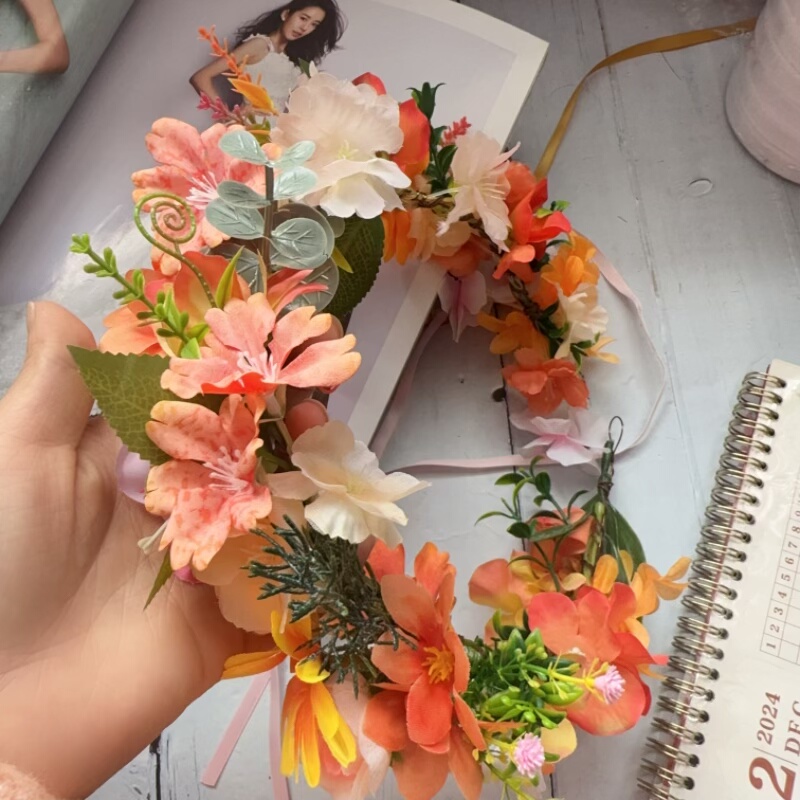 森系橘红橙粉色玫瑰花环头饰