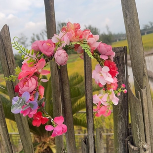 花环发箍女装饰头饰深粉色花朵发饰学校运动会开幕演出花环头饰