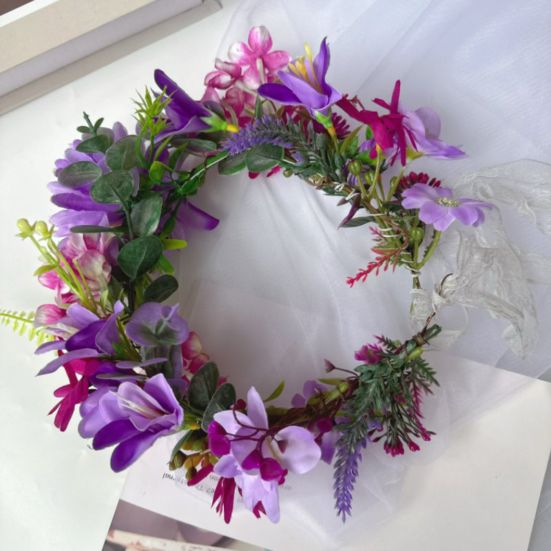 新品仿真绢花花头饰深紫色花环蜡烛花婚礼桌花烛台高端定制花环