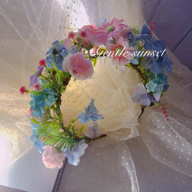 森系仿真花环头饰甜美超仙花朵发饰拍照写真新娘头花粉蓝色玫瑰