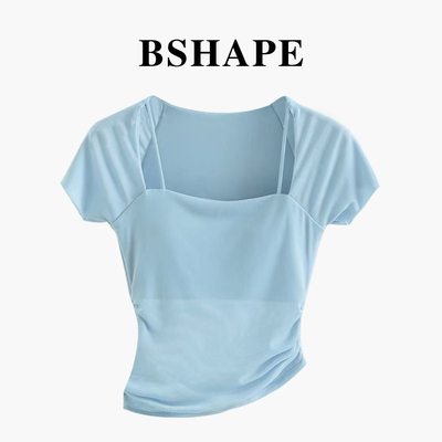 【高定】瑜伽服网纱假两件短袖运动一体式T恤跑步上衣5023